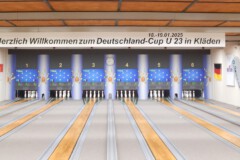 Kegelsporthalle mit Begrüßungsbanner